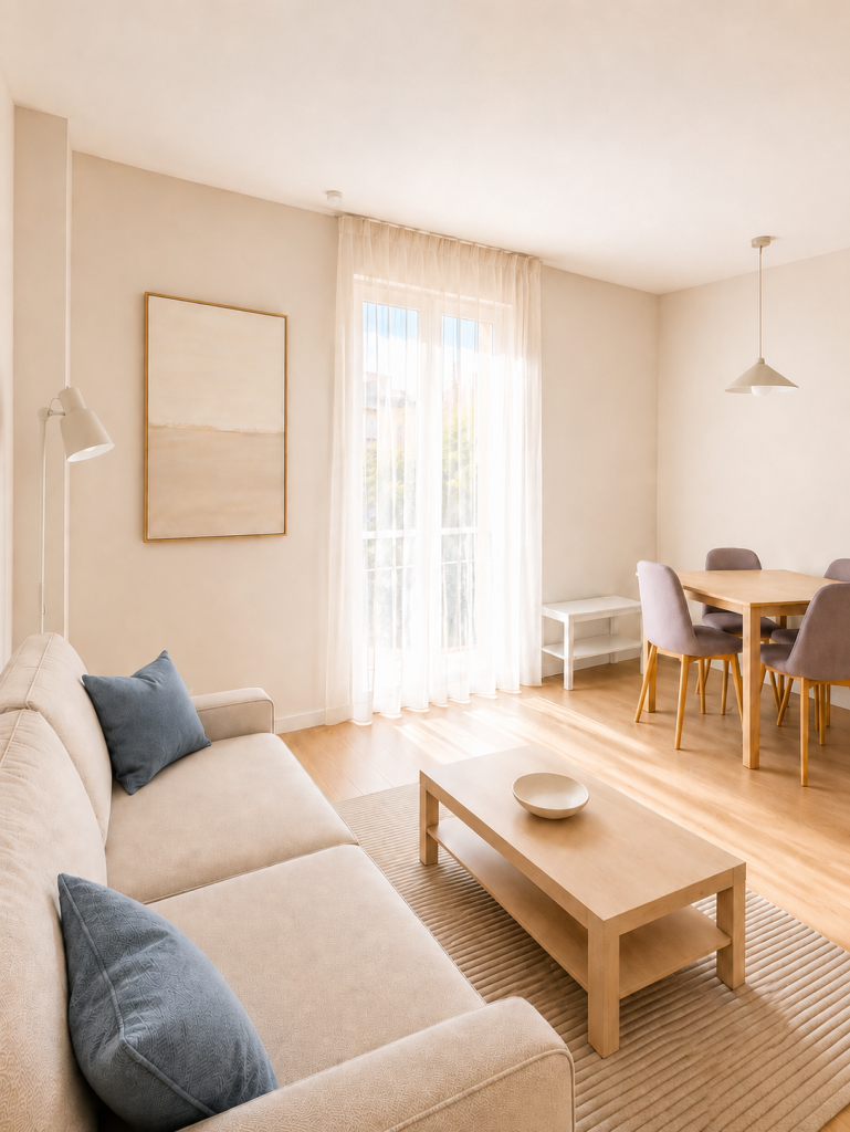 Salón reformado con iluminación natural, distribución abierta y diseño orientado a mejorar el confort visual y el valor percibido de la vivienda.