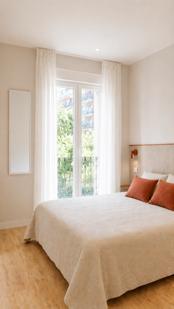 Dormitorio reformado con luz natural, continuidad cromática y diseño orientado al confort visual para inversión inmobiliaria.