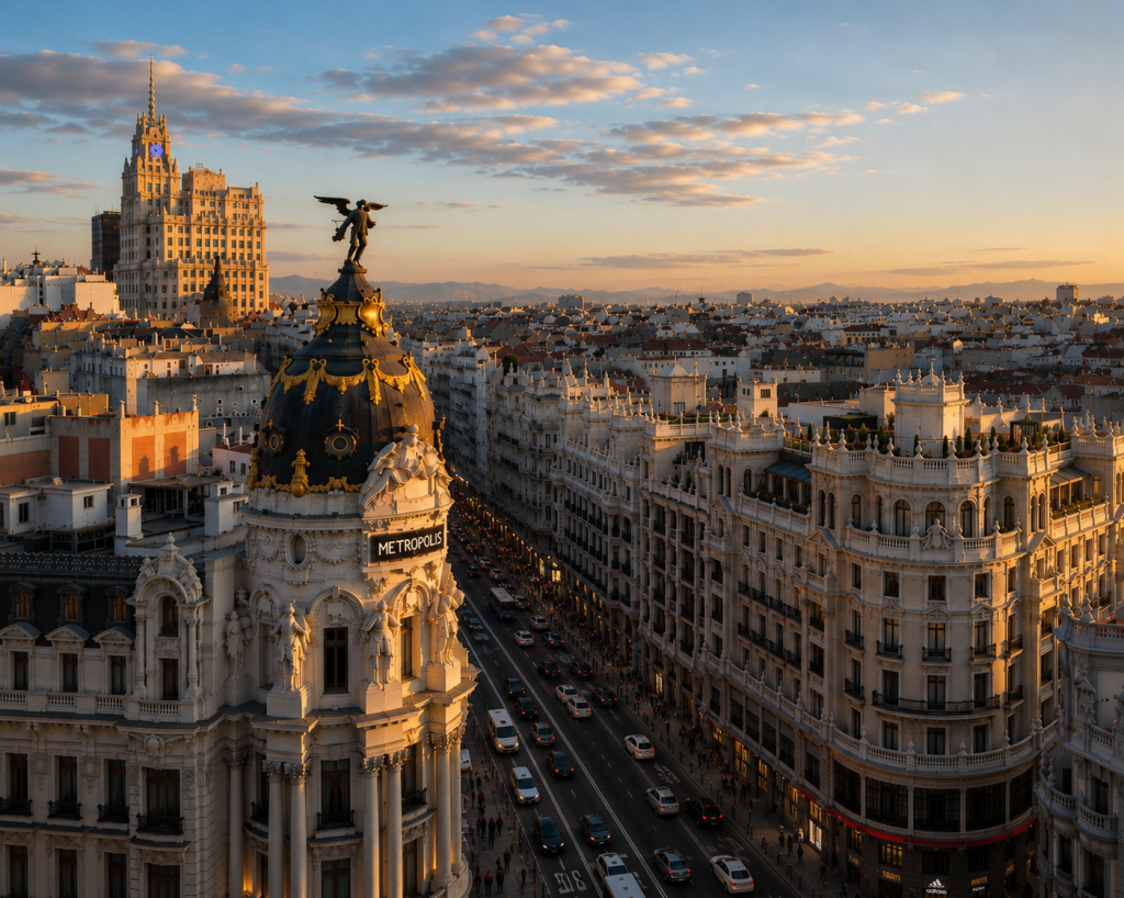 Vista de la Gran Vía de Madrid con el edificio Metrópolis al atardecer, ejemplo de una ciudad en constante transformación y con oportunidades para la inversión inmobiliaria.