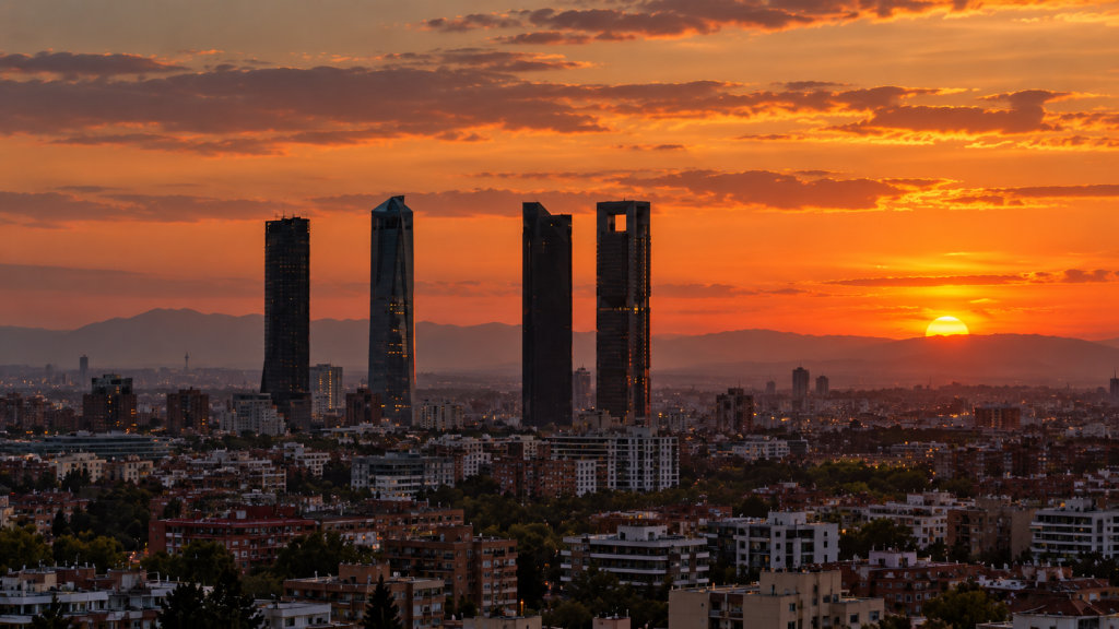 Skyline de Madrid al atardecer con las Cuatro Torres recortadas sobre un cielo naranja.